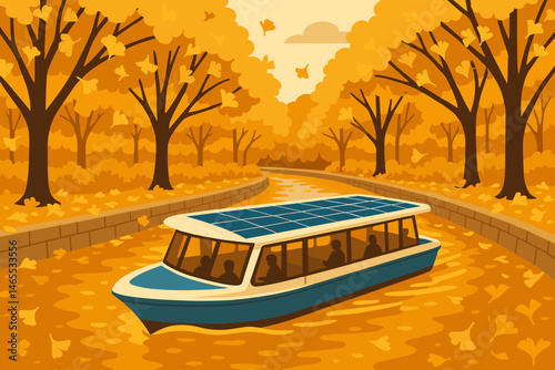 Flat green‑transport scene with PV canopy, yellow leaves, and calm water