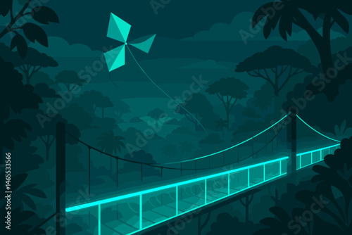 Flat eco‑tour scene with kite cable, glowing path, and tall trees