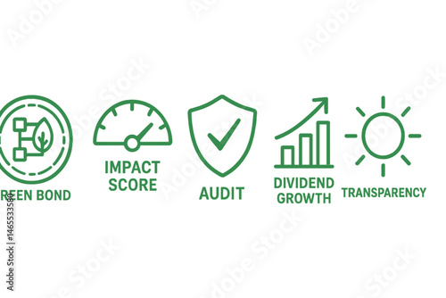 Finance‑impact icons linking coin, dial, shield, arrow, badge