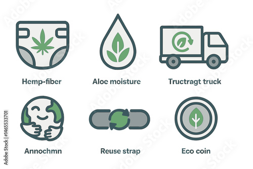 Diaper‑eco icons linking diaper, droplet, truck, badge, strap, coin