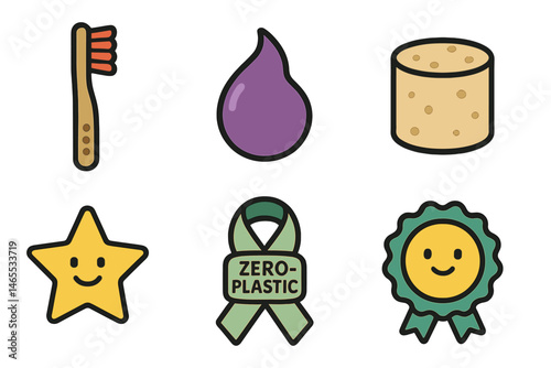 Child‑dental icons showing brush, drop, pellet, star, ribbon, badge