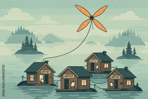 Flat creative‑tech scene with kite line, wooden huts, and misty water