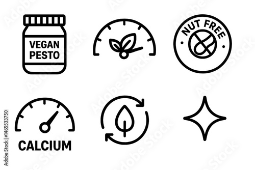 Pesto‑eco icons linking jar, meter, seal, dial, arrow, star