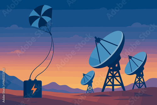 Flat climate‑tech scene with kite cord, antenna array, and twilight dunes