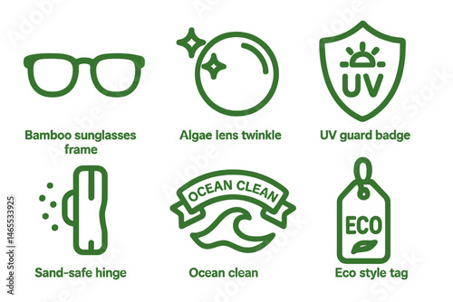 Sunglass‑eco icons showing frame, twinkle, badge, hinge, ribbon, tag