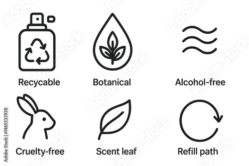 Perfume‑eco icons linking sprayer, droplet, wave, bunny, leaf, arrow