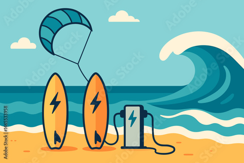 Flat adventure‑tech scene with kite line, surfboard rack, and waves curl