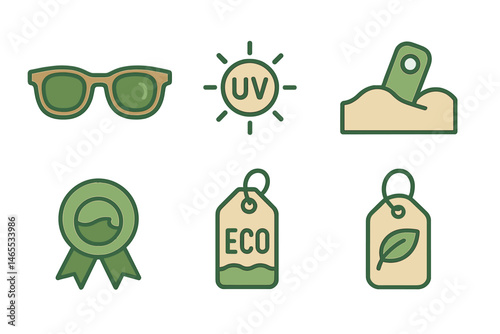 Eyewear‑eco icons linking frame, shine, badge, clip, ribbon, tag