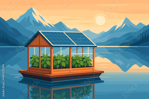 Flat ag‑tech scene with PV pontoons, basil leaves, and pink mount