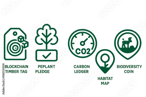 The forestry and tracing icons are associated with the terms tag, tree, dial, pin, and coin