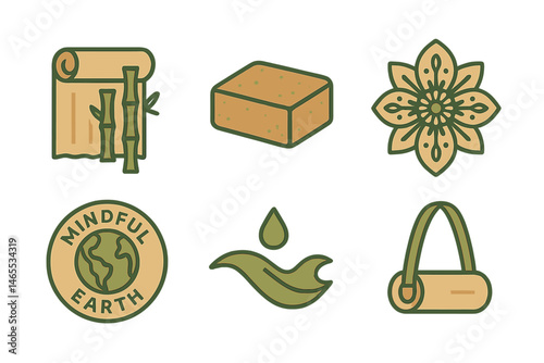 Yoga‑eco icons linking mat, block, mandala, badge, wave, loop