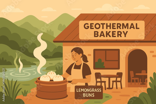 Flat food‑tech scene with yellow buns, vapor plumes, and green hills