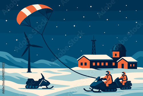 Flat polar‑tech scene with kite line, charging sleds, and constellations