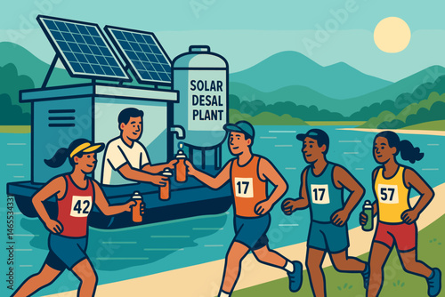 Flat sport‑tech scene with PV deck, refill taps, runners, and hills