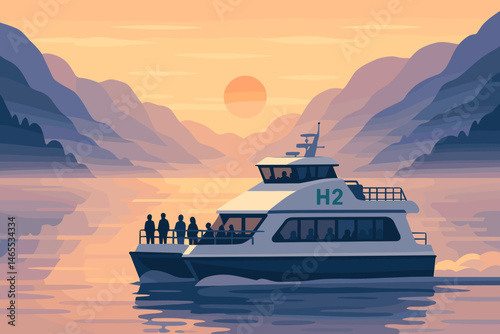 Flat clean‑mobility scene with H₂ catamaran, calm fjord, and orange dawn