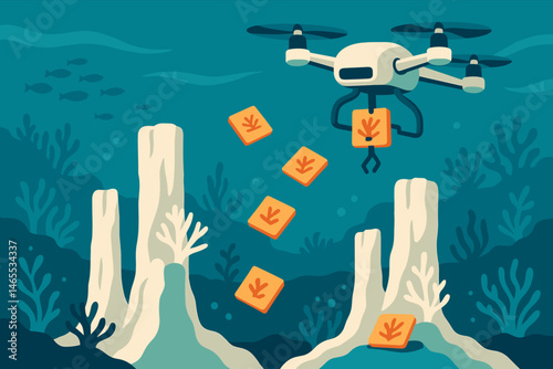 Flat reef‑restoration scene with drone arms, seed tiles, and pale corals