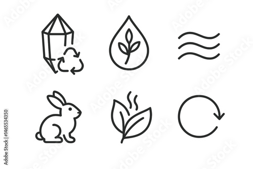 Fragrance‑eco icons linking crystal, drop, wave, bunny, leaf, arrow