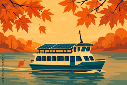 Flat green‑transport scene with PV canopy, red leaves, and calm river