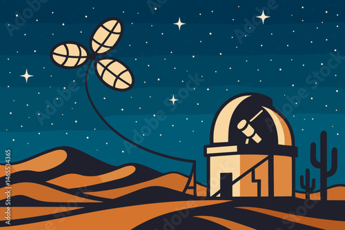 A flat science and tech setting includes a kite cable, a dome from an observatory, and a view of the Milky Way