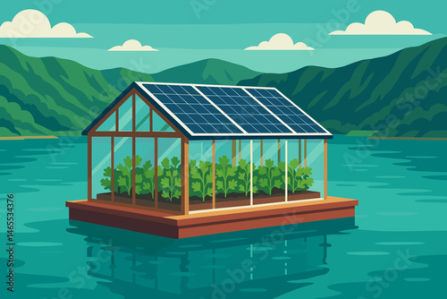 A flat ag-tech landscape consists of PV rafts, coriander planted in rows, and the edge of a crater