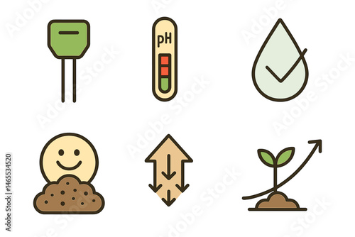 Soil‑smart icons linking wand, bar, droplet, arrow, badge, curve