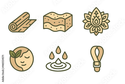Icons representing yoga and eco themes include a mat, wave, mandala, badge, ripple, and loop