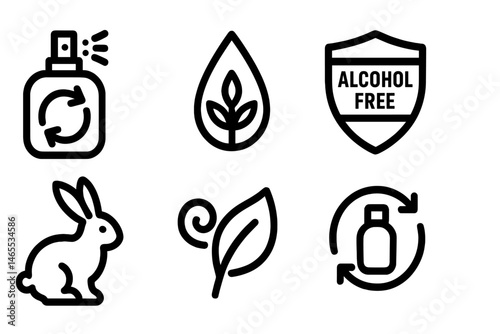 Perfume‑eco icons showing spritz, droplet, crest, bunny, leaf, loop