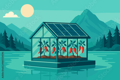 The ag-tech landscape is depicted as flat, featuring photovoltaic rafts, red peppers, and icebergs of teal color