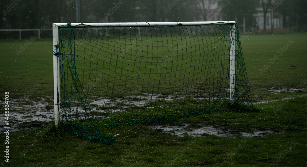 Fototapeta premium Empty Soccer Goal on Muddy Field During a Rainy Day In Nature