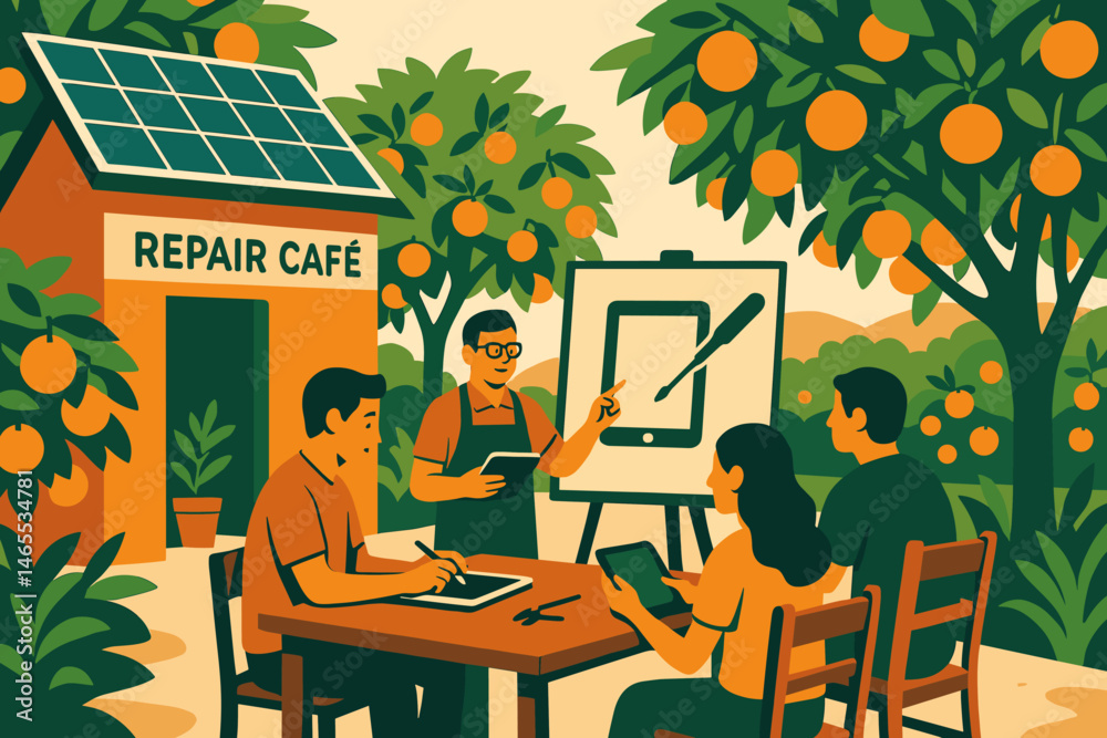 Fototapeta premium The flat circular setting includes a photovoltaic canopy, tables equipped with various tools, and a grouping of orange trees amidst the tech