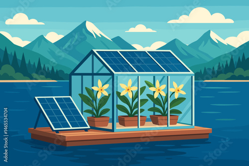 The ag-tech landscape is flat and features PV pontoons, orchid vines, and teal peaks