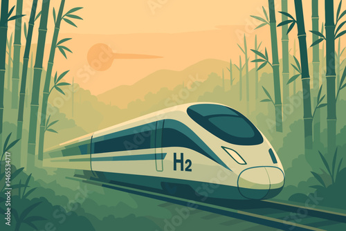 The hydrogen train is set against a flat backdrop of tall bamboo and a softly glowing sunrise