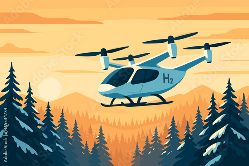 A futuristic landscape featuring hydrogen rotors, icy tree tops, and a warm peach-colored sky