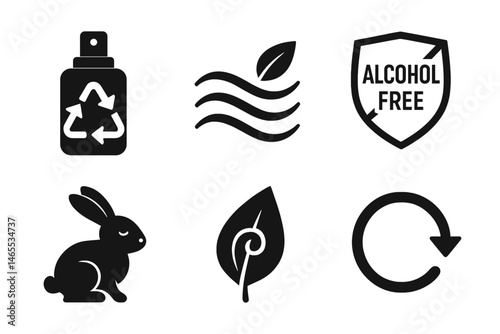Icons for eco-friendly perfumes include a sprayer, wave, crest, bunny, leaf, and arrow