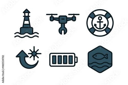 Icons representing a lamp, wrench, ring, star, bar, and badge are referred to as Buoy-tech icons