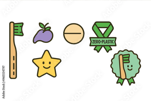 Icons for children's dental care include a brush, drop, pellet, star, ribbon, and badge