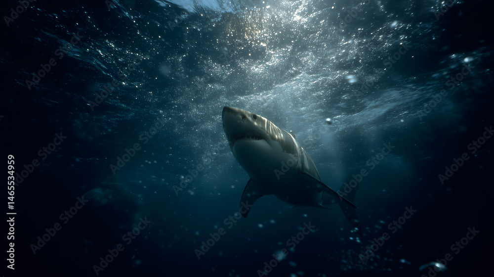 Obraz premium Cinematic Underwater View of Great White Shark Swimming Toward the Surface with Sunlight Beams
