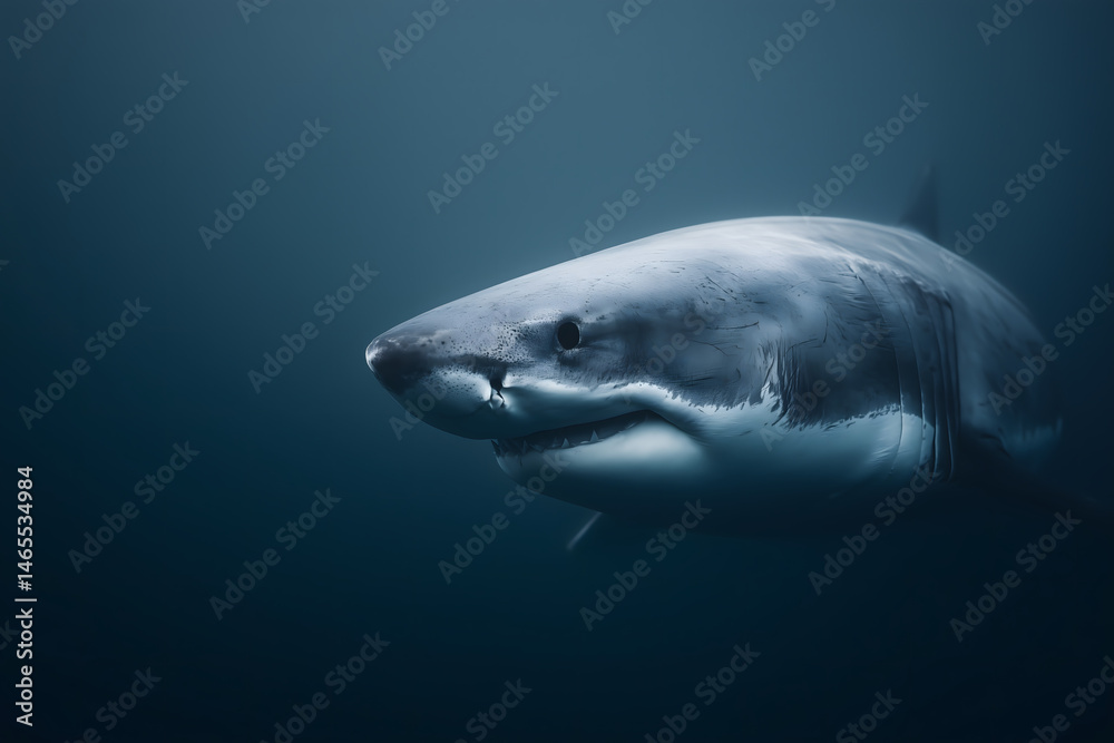 Naklejka premium Close-Up View of a Great White Shark Swimming in Deep Blue Ocean with Natural Lighting Capturing Its Powerful