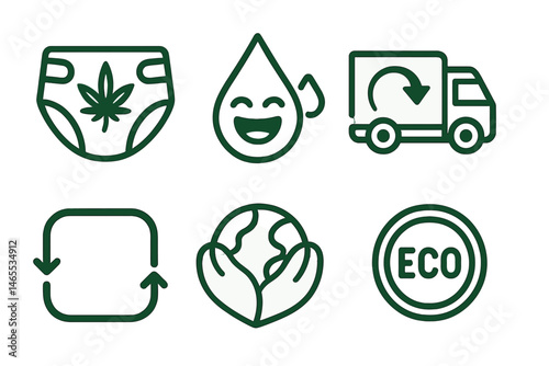 Icons representing eco-friendly diapers depict various symbols including a diaper, a droplet, a van, a badge, a strap, and a coin