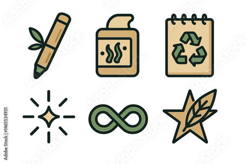 Icons representing eco‑friendly stationery connect a pen, cartridge, notepad, spark, loop, and star