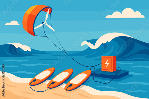 The adventure-tech scene is flat and features a kite line, a surfboard rack, and curling waves