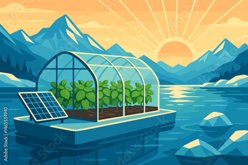 The scene is a flat agricultural technology setting that features photovoltaic pontoons, basil leaves, and a pink mountain