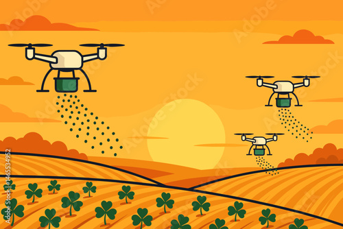 The scene depicted a flat landscape with regenerative agriculture, incorporating drones, a mist of clover seeds, and a sky with an amber hue