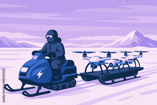 The scene is a flat polar logistics setting that features an e‑sled, drone boxes, and purple ice