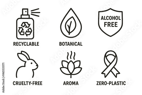 Icons of eco‑fragrance are depicted as spritz, drop, crest, bunny, petal, and ribbon