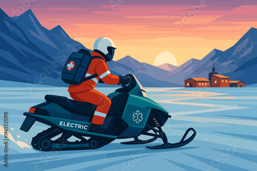 The winter rescue scene is depicted as flat and features an e-snowmobile, a medical kit, and pink ice
