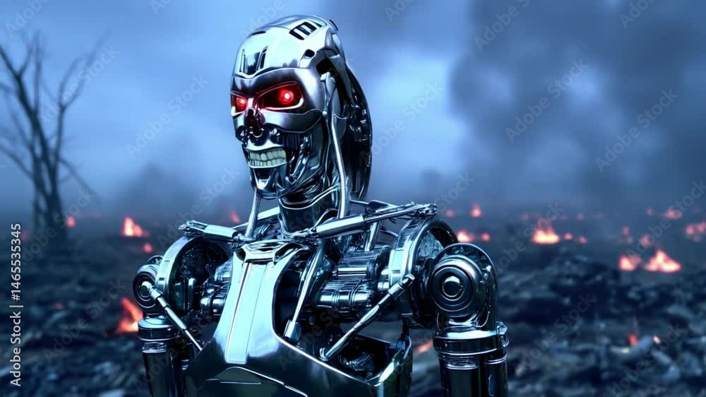 Futuristic humanoid robot with glowing red eyes standing in a post-apocalyptic battlefield with smoke and fire in the distance