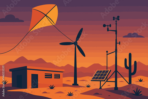 The climate-tech landscape features a kite tethered in place, accompanied by weather sensors and vibrant orange dunes