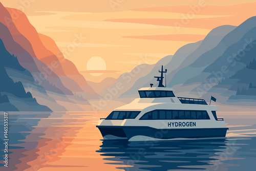 The scene depicts a flat and clean mobility setting featuring a hydrogen-powered catamaran, a serene fjord, and a vibrant orange dawn
