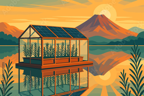 The scene is flat and features ag-tech elements, including PV rafts, rosemary bushes, and peaks that glow